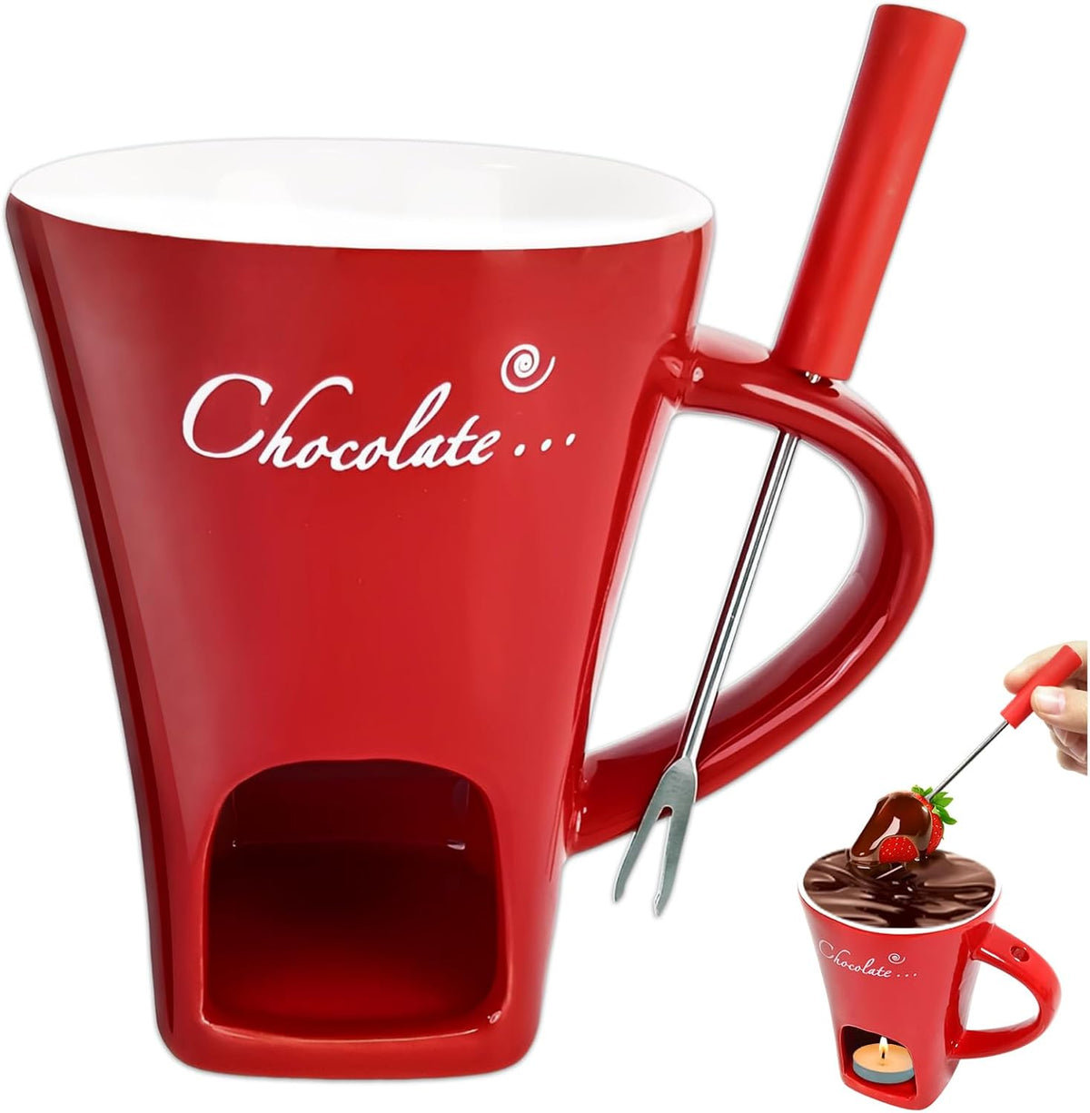 Ceramiczna filiżanka do fondue z czekolady i karmelu – do maczania owoców, ciastek i pianek, z widelcem, 130 ml. Podgrzewacz do mleka, masła, sera i kawy